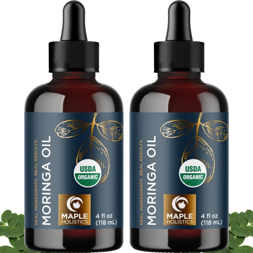 Organic Moringa Oil for Hair and Skin - Cold Pressed Virgin Unrefined Natural Pure USDA Organic Hair Oil for Dry Damaged Hair and Ultra Hydrating Face Oil - Carrier Oil for Essential Oils (2 Pack)