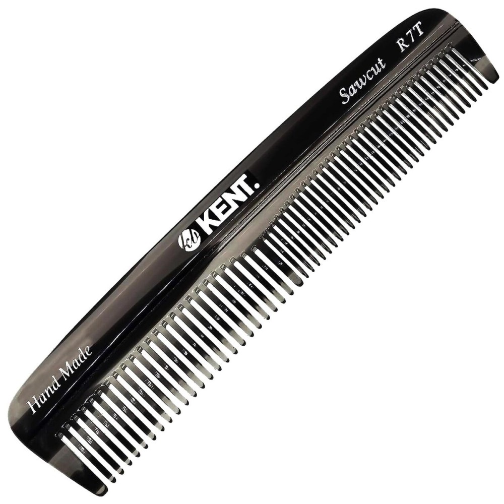 Kent R7TG Black Graphite Double Tooth Hair Pocket Comb, Small Fine/Wide Tooth Comb For Styling Hair, Beard and Mustache, for Men, Women and Kids. Saw Cut and Hand Polished. Handmade in England