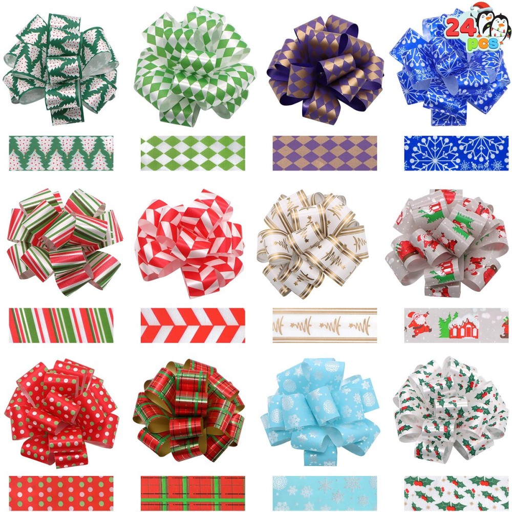 JOYIN 24 Present Wrap Ribbon Pull Bows 5, Easy and Fast Gift Wrapping Accessory for Christmas Bows Baskets Wine Bottles Gifts Decoration, Present Decor