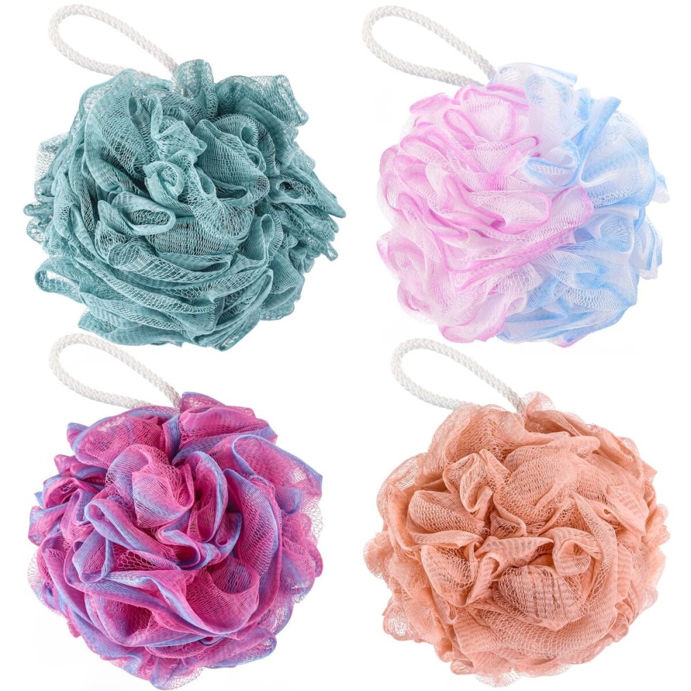 BTYMS 75g/pc Bath Loofah Mesh Puffs, Large Body Exfoliating Shower Sponges for Men and Women Showering - Set of 4
