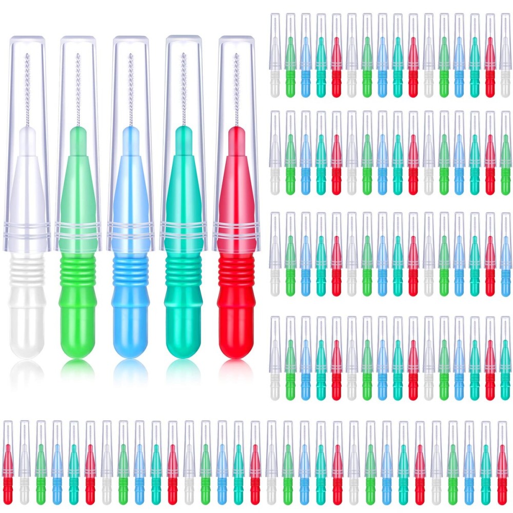 BBTO 100 Pcs Braces Dental Brush Flosser for Cleaner Interdental Brush Toothpick Tooth Flossing Head Oral Dental Toothpick Cleaners Cleaning Tool(Red White Green Light Green, Light Blue)