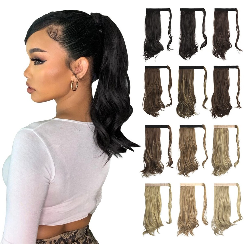 Sofeiyan Curly Ponytail Extension 15 Inch Heat Resistant Synthetic Natural Wavy Hairpiece Wrap Around Pony Tail Hair Extensions for White Black Women Hair Piece, Off Black
