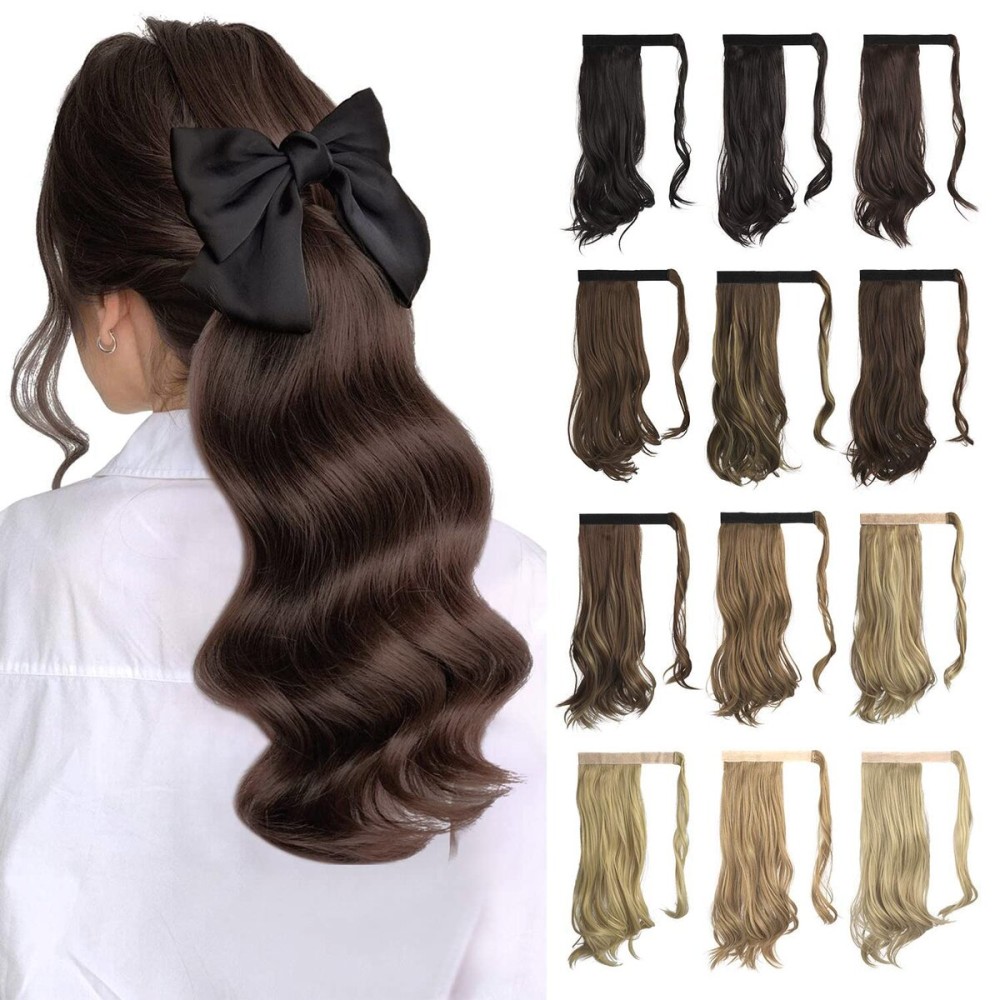 Sofeiyan Curly Ponytail Extension 15 Inch Heat Resistant Synthetic Natural Wavy Hairpiece Wrap Around Pony Tail Hair Extensions for White Black Women Hair Piece, Darkest Brown/Dark Auburn Mix