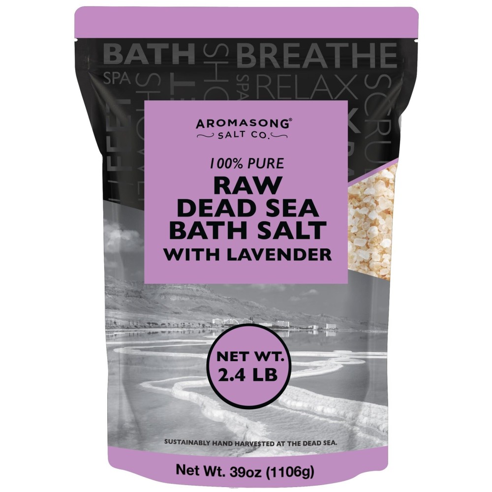 Aromasong Pure Raw Dead Sea Salt for Soaking with 100% Natural Lavender, 2.43 LB - Spa Bath Salt Fine Grain - Body Wash Scrub - Soak for Women & Men- Bulk Resealable Pack