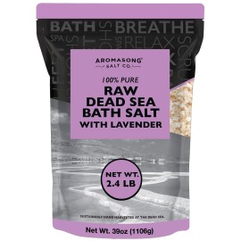 Aromasong Pure Raw Dead Sea Salt for Soaking with 100% Natural Lavender, 2.43 LB - Spa Bath Salt Fine Grain - Body Wash Scrub - Soak for Women & Men- Bulk Resealable Pack