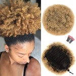 rosmile Afro Puff Drawstring Ponytail Extension for Black Women, Premium Ombre Brown T1B/27 80gram Short Synthetic Afro Puff Ponytail for Natural Hair, Clip On Kinky Drawstring Curly Ponytail Bun