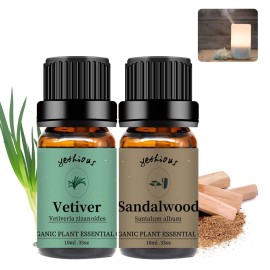 yethious Sandalwood Vetiver Essential Oil Set 100% Pure Organic Undiluted Aromatherapy Oils for Diffuser, Skin, Hair, Perfume, Soap, Candle Making 2 x 10ML