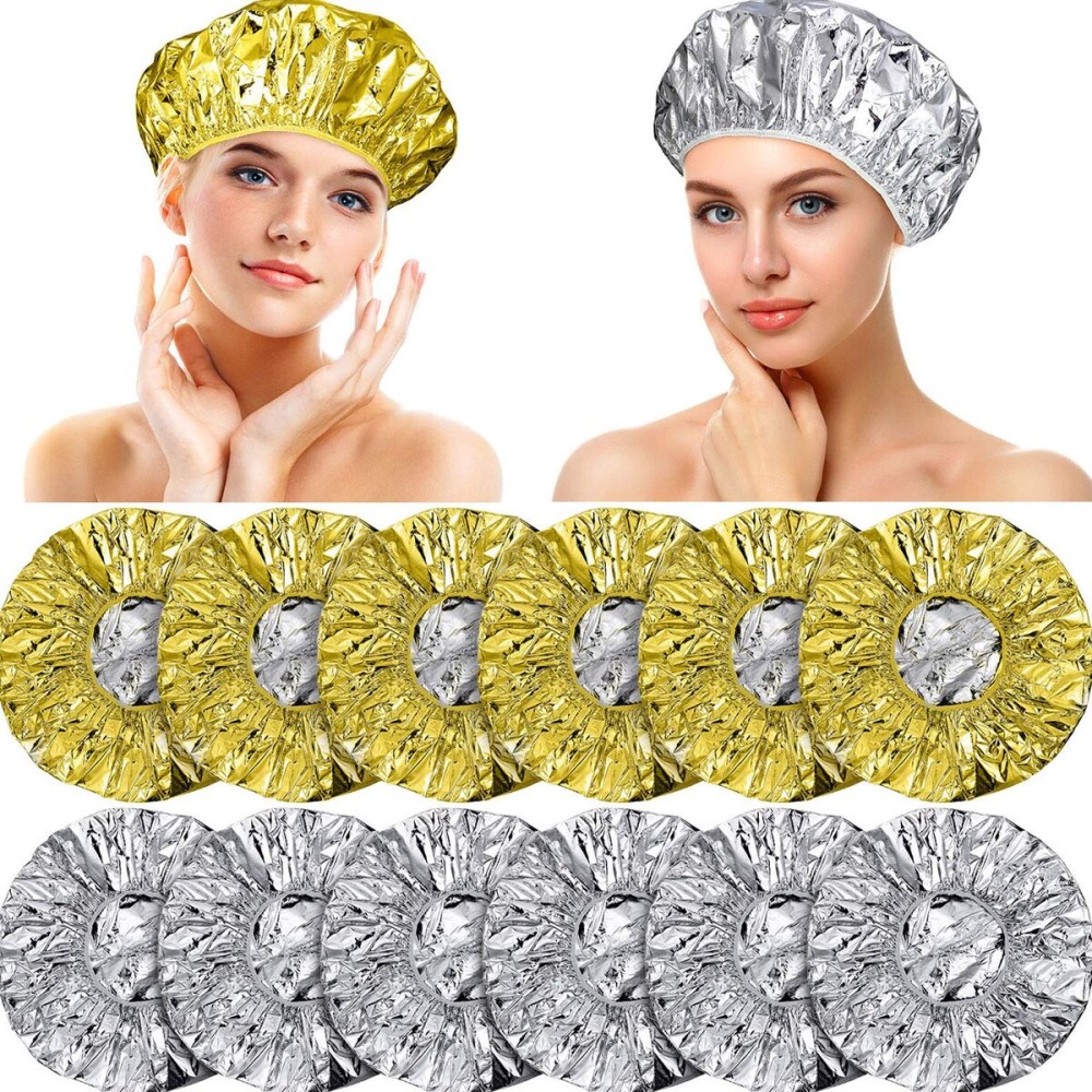 12 Pieces Deep Conditioning Caps Aluminum Foil Reusable Hair Processing Hair Coloring Shower Caps for Home Salon Use(12 Inch,Golden, Silvery)