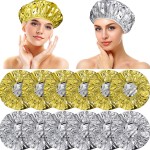 12 Pieces Deep Conditioning Caps Aluminum Foil Reusable Hair Processing Hair Coloring Shower Caps for Home Salon Use(12 Inch,Golden, Silvery)