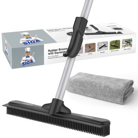 MR.SIGA Pet Hair Removal Rubber Broom with Built in Squeegee, 3 in 1 Floor Brush for Carpet, 61 inch Adjustable Handle, Includes 1 Microfiber Cloth for Floor Dusting