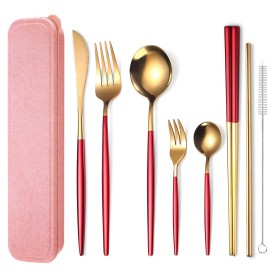 AARAINBOW 8 Pieces Stainless Steel Flatware Set Portable Reusable Cutlery Set Travel Utensils Set Including Chopsticks Knife Fork Spoon Straws Cleaning Brush Dishwasher Safe (Red Golden)