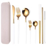 AARAINBOW 8 Pieces Stainless Steel Flatware Set Portable Reusable Cutlery Set Travel Utensils Set Including Chopsticks Knife Fork Spoon Straws Cleaning Brush Dishwasher Safe (White Golden)