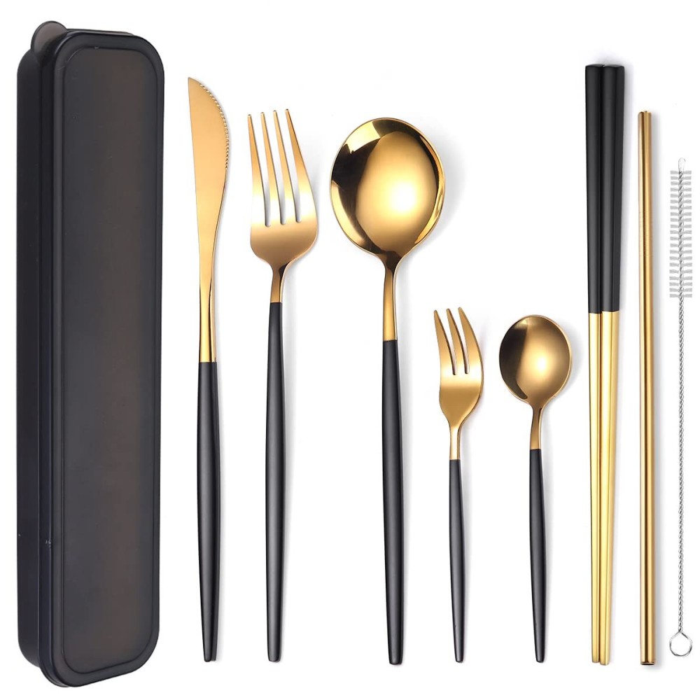 AARAINBOW 8 Pieces Stainless Steel Flatware Set Portable Reusable Cutlery Set Travel Utensils Set Including Chopsticks Knife Fork Spoon Straws Cleaning Brush Dishwasher Safe (Black Golden)