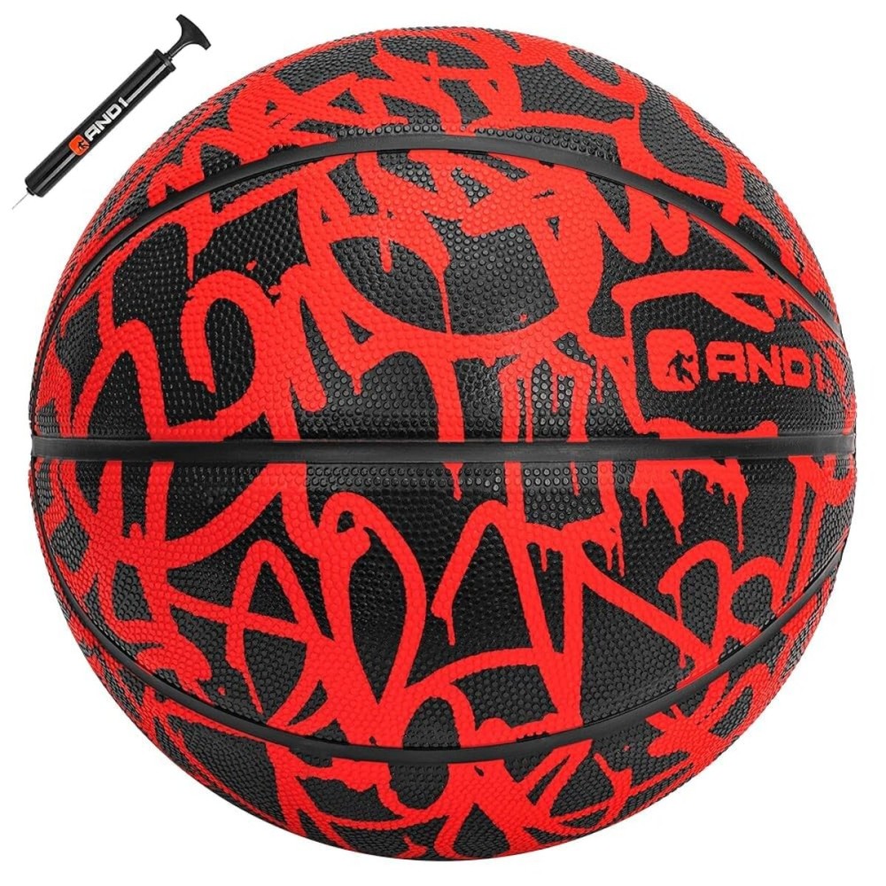 AND1 Fantom Rubber Basketball & Pump (Graffiti Series)- Official Size 7 (29.5) Streetball, Made for Indoor and Outdoor Basketball Games (Red)