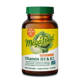 MegaFood Vitamin D3 5000 IU (125 mcg) - Vegetarian Supplements with Vitamin D3 K2 - Supports Bones, Teeth, Muscles & Immune Health - Certified Non-GMO - 60 Mini Capsules, 60 Servings
