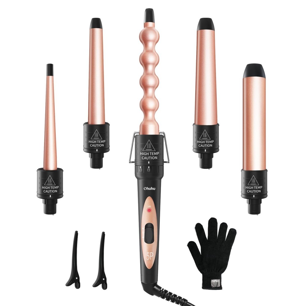 5 in 1 Curling Wand Set: Ohuhu Curling Iron Wand 5Pcs 0.35 to 1.25 Inch Interchangeable Ceramic Barrel Heat Protective Glove 2 Clips Dual Voltage Hair Curler Women Girl Mother Christmas Gift Rose Gold