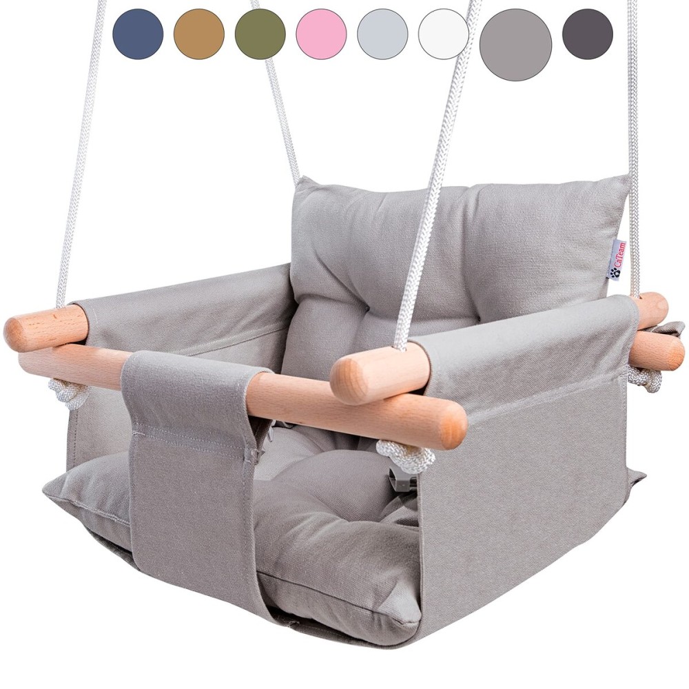 CaTeam - Canvas Baby Swing, Wooden Hanging Swing Seat Chair with Safety Belt, Durable Baby Swing Chair, Outdoor and Indoor Swing for Kids, Mounting Hardware Included, Taupe Gray