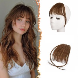 BARSDAR Medium Brown Clip in Bangs Real Human Hair - 100% Human Hair Clip in Bangs for Women - Medium Brown Wispy Bang Extensions Real Hair Fringe with Temples Hairpieces