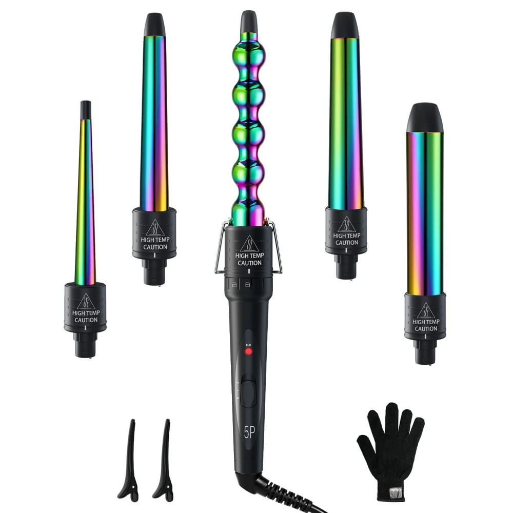 5 in 1 Curling Wand Set: Ohuhu Curling Iron Wand 5Pcs 0.35 to 1.25 Inch Interchangeable Ceramic Barrel Heat Protective Glove 2 Clips Dual Voltage Hair Curler Girls Women Mother Christmas Gift Rainbow