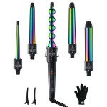 5 in 1 Curling Wand Set: Ohuhu Curling Iron Wand 5Pcs 0.35 to 1.25 Inch Interchangeable Ceramic Barrel Heat Protective Glove 2 Clips Dual Voltage Hair Curler Girls Women Mother Christmas Gift Rainbow