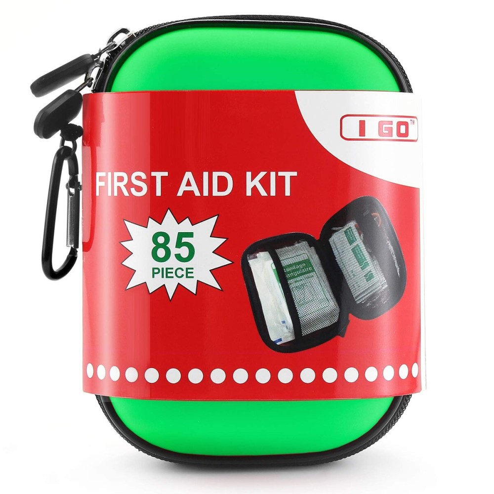 I GO 85 Pieces Hard Shell Mini Compact First Aid Kit, Small Personal Emergency Survival Kit for Travel Hiking Camping Backpacking Hunting Marine Car, Green