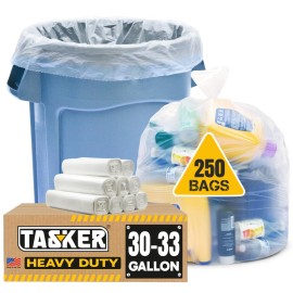 Tasker 30-33 Gallon Clear Trash Bags Heavy Duty (Mega ValuePack 250 Bags) Large Plastic Bags, Great for Recycling 30 Gallon - 32 Gallon - 35 Gallon. Clear Large Trash Bags