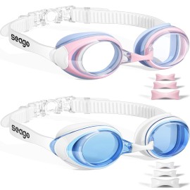 Seago Swimming Goggles 2 Pack Anti Fog Goggles Swimming UV Protection Fit for Adult Men Women Youth Junior, No Leaking Soft Silicone Seal Flat Lens Clear Vision, 3 Sizes of Nose Bridge