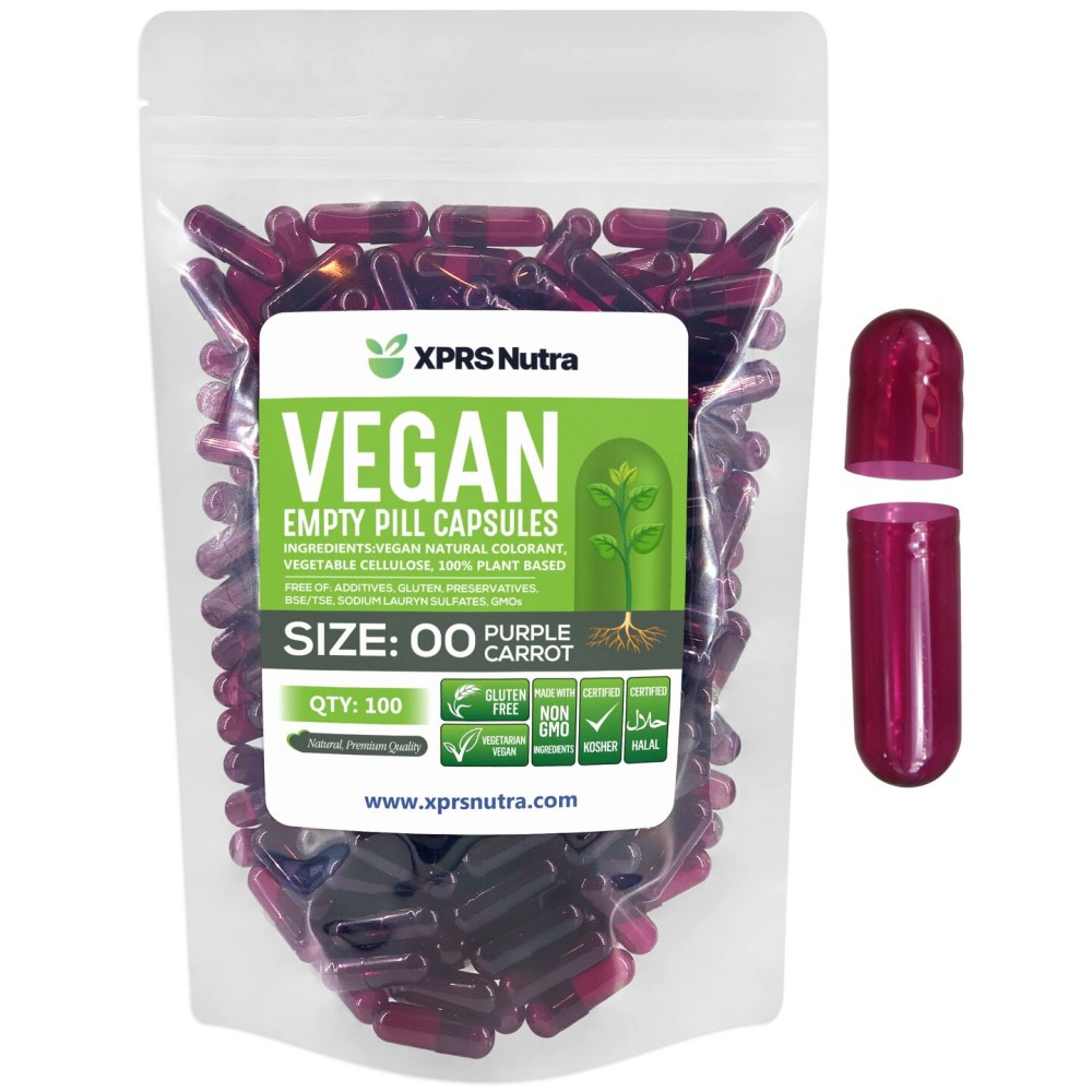 XPRS Nutra Size 00 Empty Capsules - 100 Count Empty Vegan Capsules - Vegetarian Empty Pills - DIY Vegetable Capsule Filling- Veggie Pill Caps (Purple Carrot)