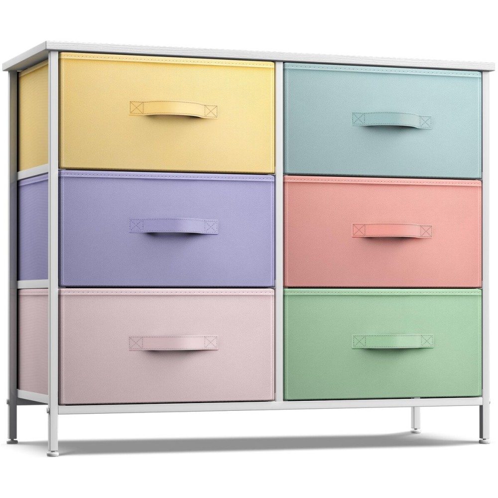 Sorbus Dresser with 6 Drawers - Furniture Storage Tower Unit for Bedroom, Hallway, Closet, Office Organization - Steel Frame, Wood Top, Easy Pull Fabric Bins (Pastel/White)