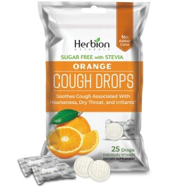 HERBION Naturals Cough Drops, Sugar Free with Stevia, Dietary Supplement, Soothes Cough, for Adults & Children Over 6 Years, 25 Count, Orange, Pack of 1