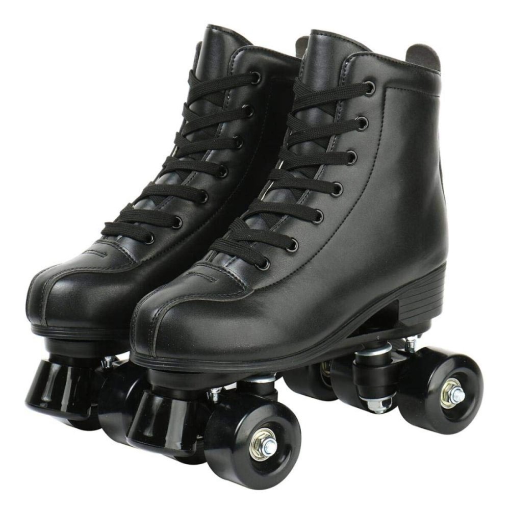 XUDREZ Double Row Skates - Adjustable Leather High-top Roller Skates for Indoor & Outdoor Use - Adult Sizes with Bag (Black Wheels, Women\'s 10 / Men\'s 8.5)