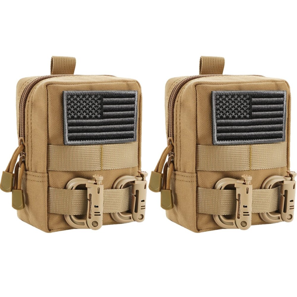 FRTKK 2 Pack Molle Pouches - Tactical Compact Water-Resistant EDC Pouch Small Utility Pouch Bags (Patch Included) (2 Pack-Tan)