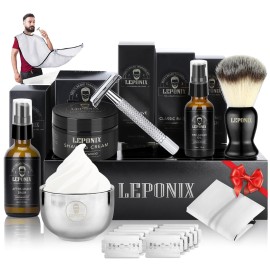 Shaving Kit for Men - Secret Santa Gift Set, Includes Safety Razor, Sandalwood Shaving Cream, Aftershave, Pre-shave Oil, Brush, Bowl & Apron Bib - Christmas Gifts for Him Husband Dad Stocking Stuffers