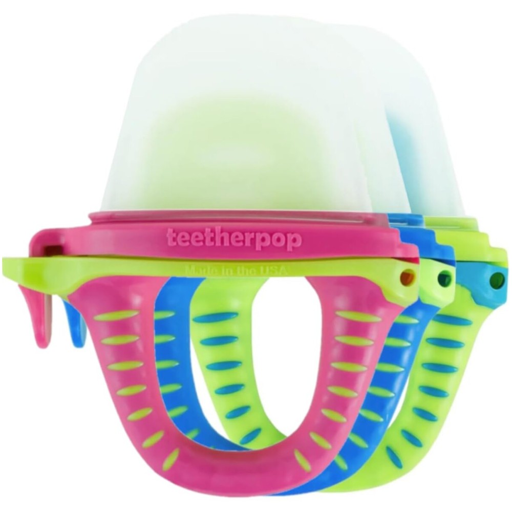 Teetherpop Fillable Silicone Teether for Babies - Breastmilk Popsicle Molds for Teething with Spill-Proof Sippy Slits - Freezable Baby Teethers for Liquids & Cooling Relief (3-Pack-Blue-Teal-Pink)
