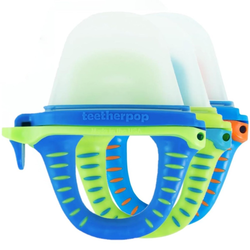 Teetherpop Fillable Silicone Teether for Babies - Breastmilk Popsicle Molds for Teething with Spill-Proof Sippy Slits - Freezable Baby Teethers for Liquids & Pures - Cooling Relief (3-Pack-Blues)