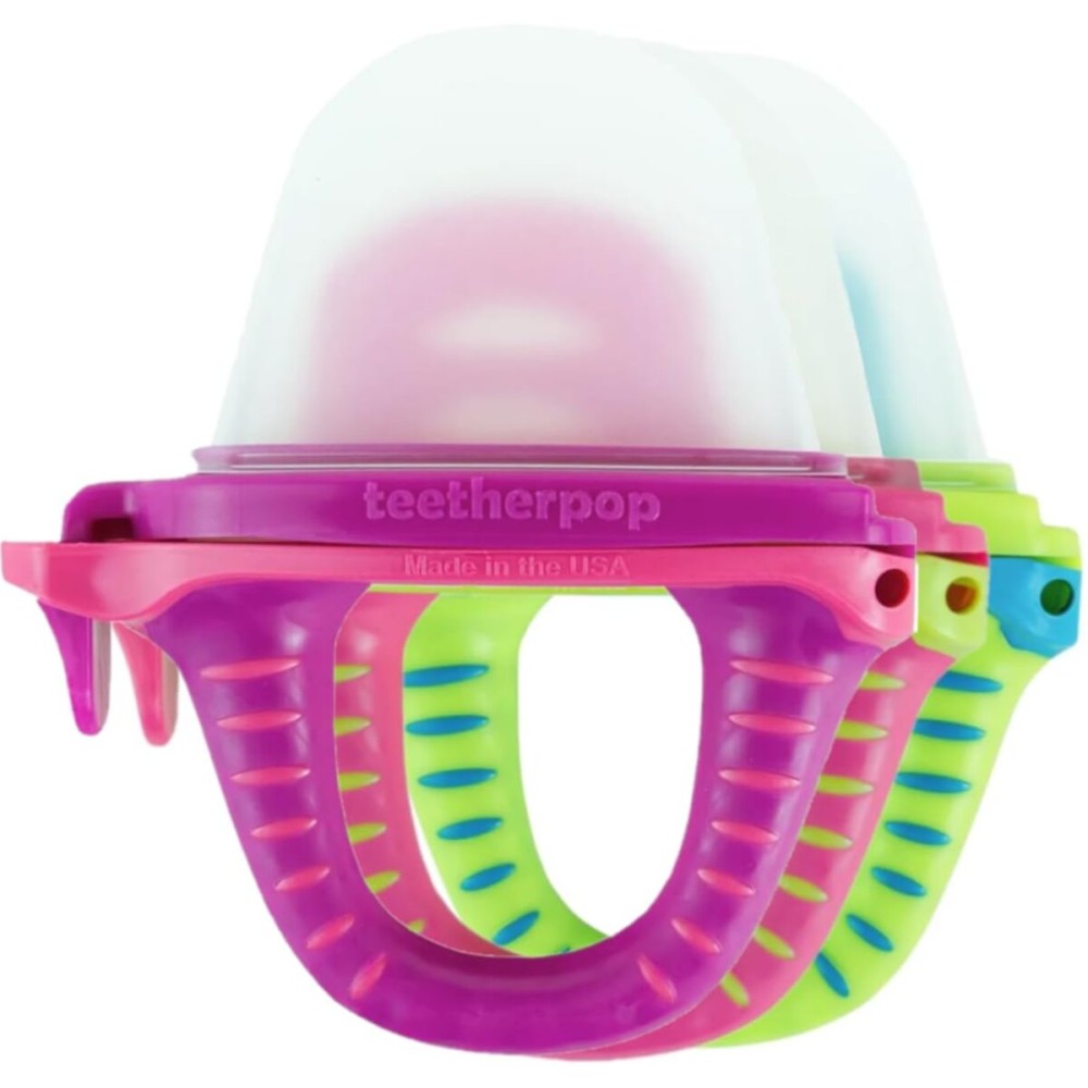 Teetherpop Fillable Silicone Teether for Babies (3-Pack) - Breastmilk Popsicle Molds for Teething w/Spill-Proof Sippy Slits - Freezable Baby Teethers for Liquid & Pure (Fucshia/PinkLemon/BlueLemon)