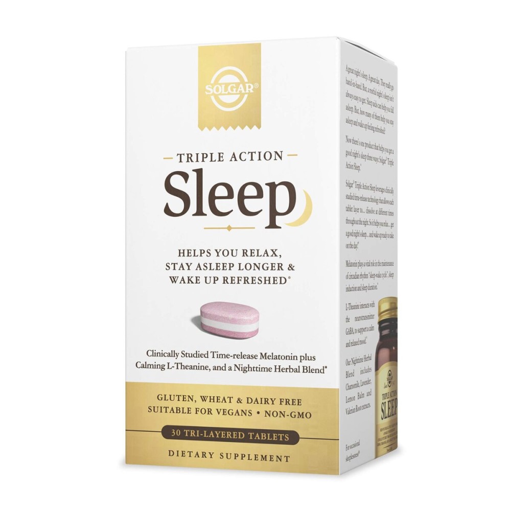 Solgar Triple Action Sleep, 30 Tri-Layer Tablets - Time-Release Melatonin & L-Theanine Plus Herbal Blend - Helps You Relax, Fall Asleep Fast & Stay Asleep Longer - Non-GMO, Gluten Free - 30 Servings