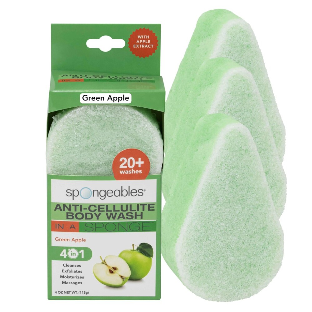 Spongeables Anti Cellulite Body Wash in a 20+ Wash Sponge, Apple, 3 Count