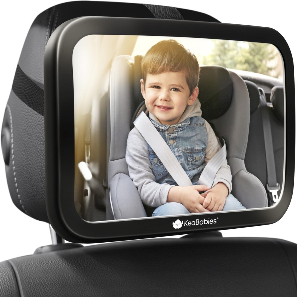 KeaBabies Shatterproof Baby Car Mirror, Backseat - Large Safety Car Seat Mirror for Baby Rear Facing, 360 Crystal Clear View, Accessories for Removable Headrest, Easy Install & Adjust (Sleek Black)