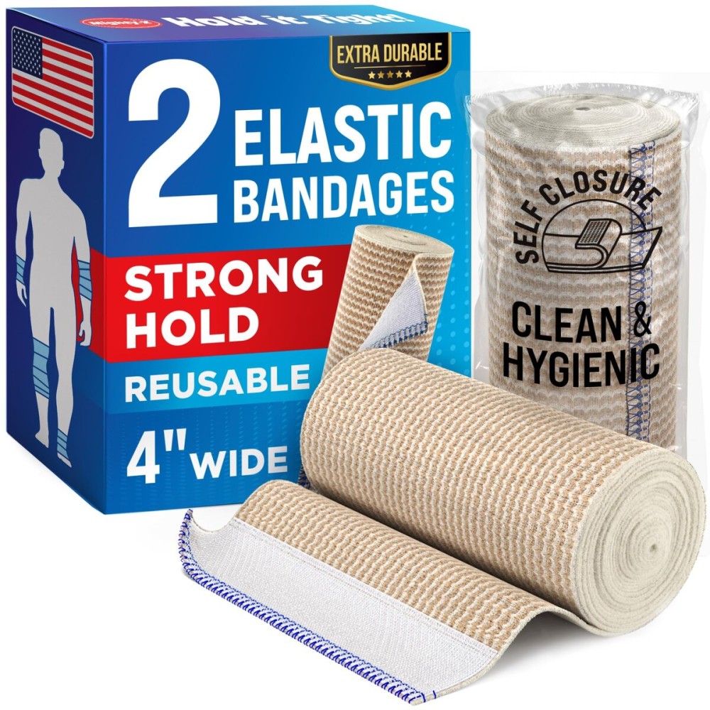 Premium Elastic Bandage Wrap - (2pk) - 4 Self-Closing Reusable Compression Bandage Wrap for Legs and Arms - Foot, Elbow, Knee Wrap