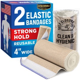 Premium Elastic Bandage Wrap - (2pk) - 4 Self-Closing Reusable Compression Bandage Wrap for Legs and Arms - Foot, Elbow, Knee Wrap