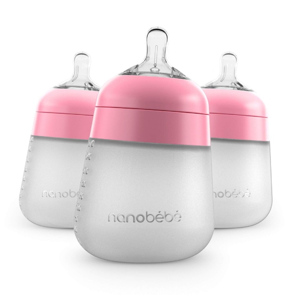 Nanobebe Flexy Silicone Baby Bottle, Anti-Colic, Natural Feel, Non-Collapsing Nipple, Non-Tip Stable Base, Easy to Clean, 3-Pack, Pink, 9oz
