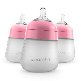 Nanobebe Flexy Silicone Baby Bottle, Anti-Colic, Natural Feel, Non-Collapsing Nipple, Non-Tip Stable Base, Easy to Clean, 3-Pack, Pink, 9oz
