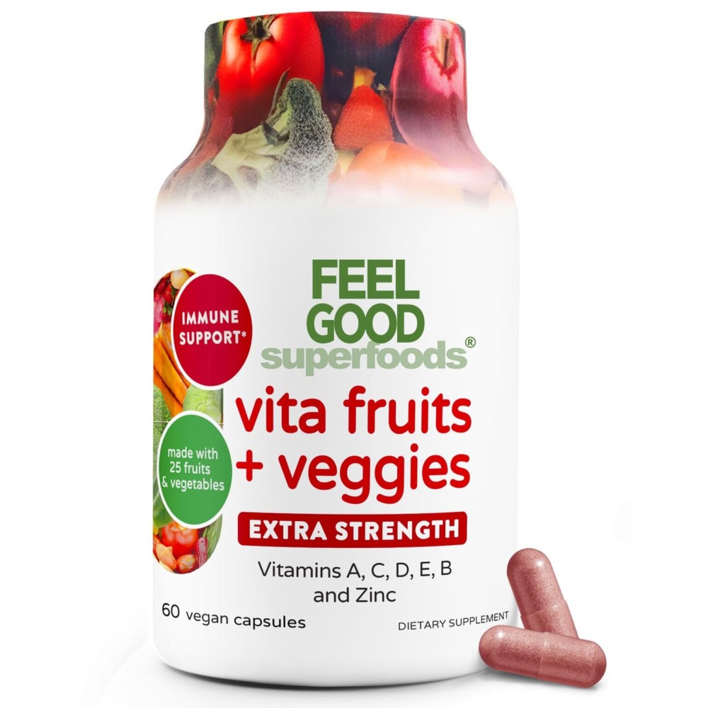 FeelGood Superfoods 1000mg Immune Support Capsules Made with 25 Organic Fruits and Vegetables, Strong Immunity Boosters with Vitamins A, C, D3, and Zinc, 60 Count