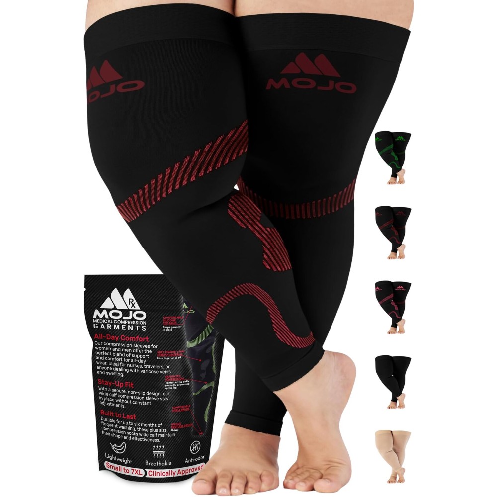 Mojo Compression Full Leg Sleeve for Men and Women 20-30mmHg - Footless Thigh High Compression Socks for Diabetic, Varicose Veins Circulation, Swelling - Black/Red, Medium - A609