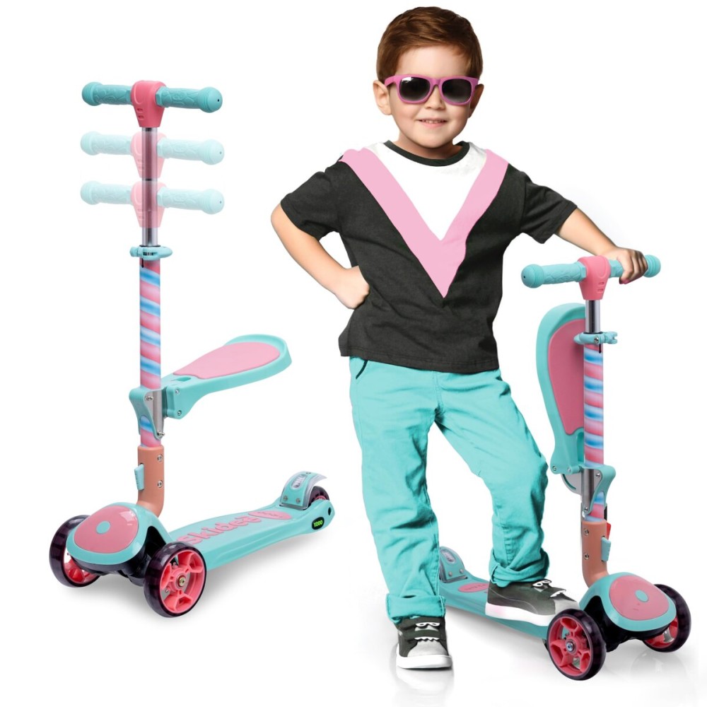 SKIDEE Kick Scooter for Kids Ages 3-5 | Foldable 3 Wheel Scooter with Lean-to-Steer, Adjustable Height, Removable Seat & LED Light Wheels | Toddler Scooter Up to 12 Year Old Boys/Girls, Marshmallow