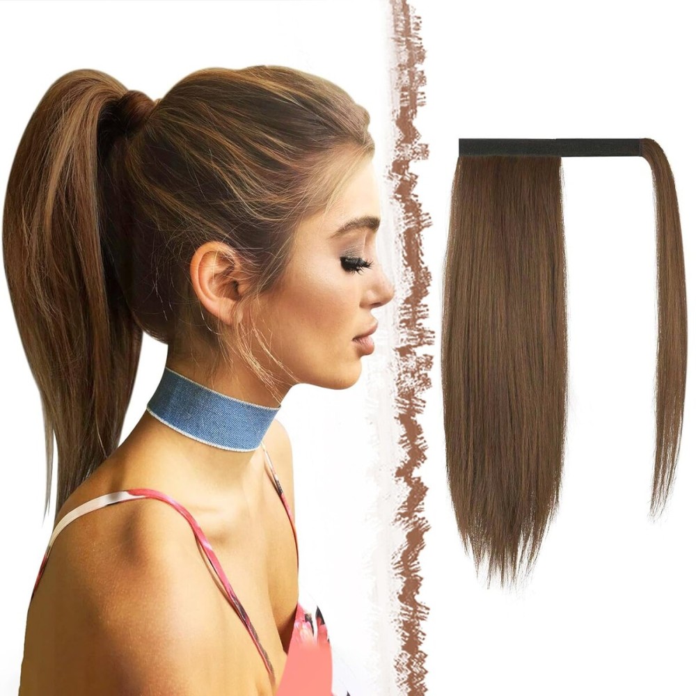 FESHFEN Straight Ponytail Extension 16 inch Natural Long Ponytails Wrap Around Clip in Pony Tail Hair Piece Synthetic Hairpieces for Women, Brown mix Auburn