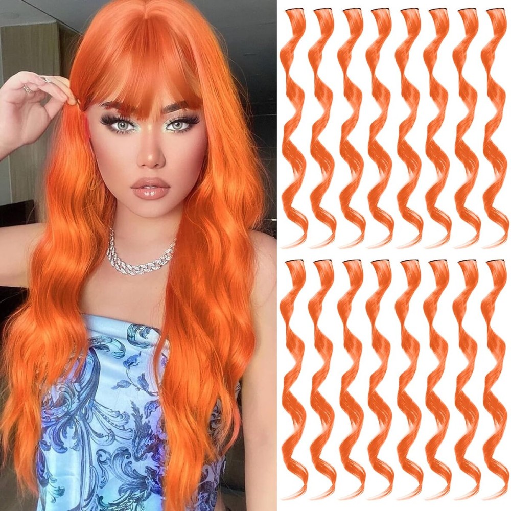 TOFAFA 16 Pcs Colored Hair Extensions Curly Wavy Clip in Synthetic Hairpiece Streak for Girls Women Kids, Colorful Christmas New Year Party Highlights Cosplay Festival Gift(Orange)