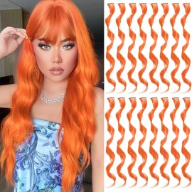 TOFAFA 16 Pcs Colored Hair Extensions Curly Wavy Clip in Synthetic Hairpiece Streak for Girls Women Kids, Colorful Christmas New Year Party Highlights Cosplay Festival Gift(Orange)