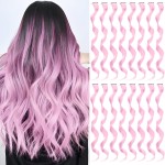 TOFAFA 16 Pcs Colored Hair Extensions Curly Wavy Clip in Synthetic Hairpiece Streak for Girls Women Kids, Multi-colors Party Highlights Cosplay Festival Gift(Light Pink)